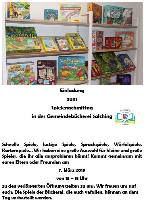 Einladung zum Spielenachmittag in der Gemeindebücherei Salching am 7.März 2019