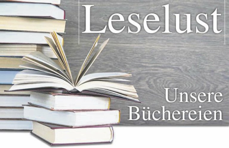 Bücherstapel mit Text: Unsere Büchereien